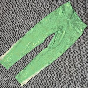 High-Waist Mint Green Leggings with Subtle Floral Shine